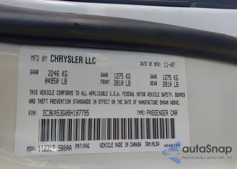 2008 Chrysler 300 Touring z USA, uszkodzony, nr VIN 2C3KA53G08H187795